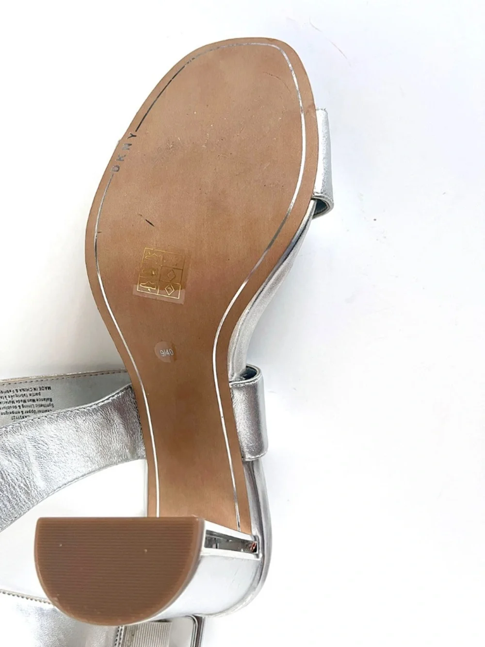 DKNY Women's Silver Metallic Leather Strappy Block Heeled Sandals Size: 9M